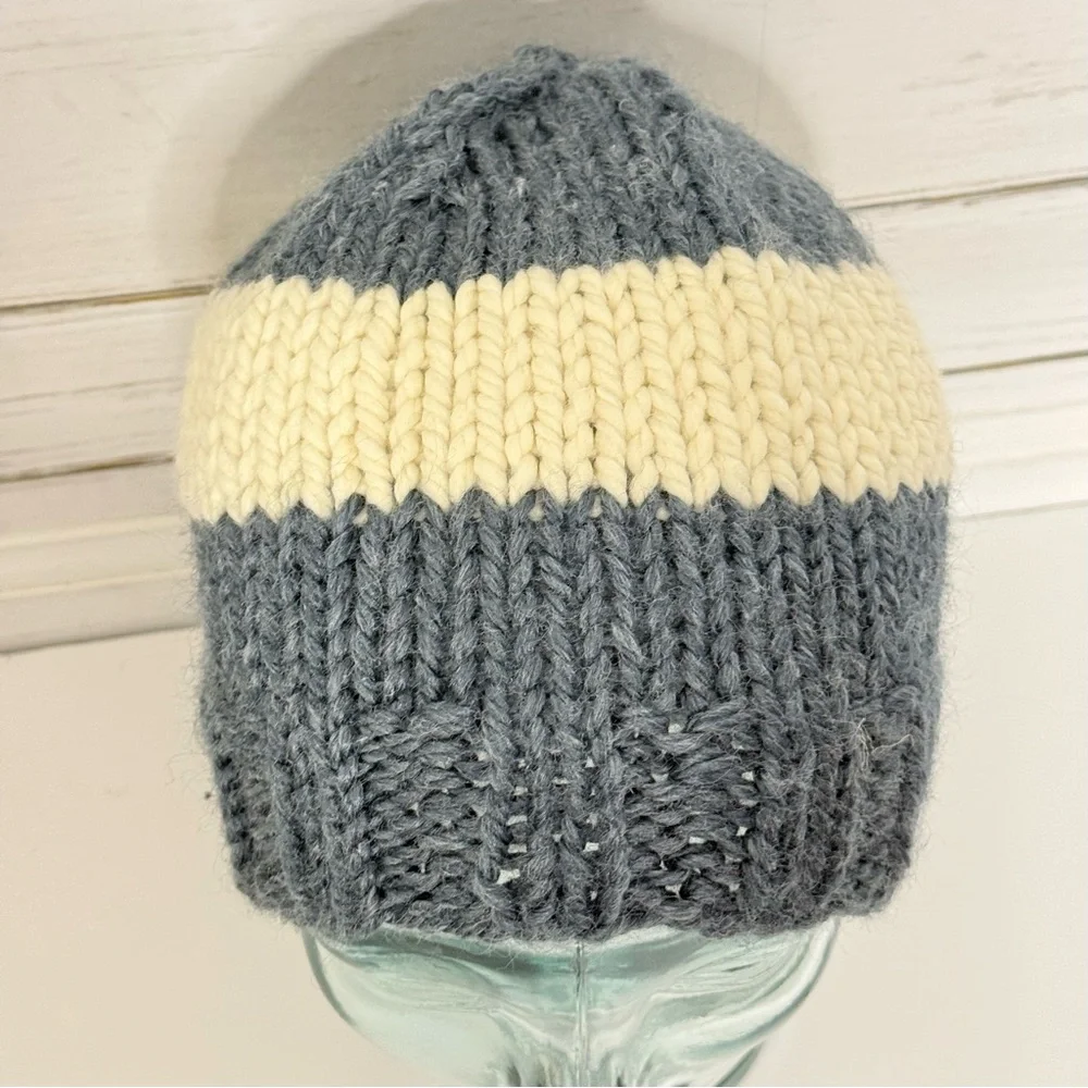 Handmade Knit Beanie – Blue & Cream Stripe